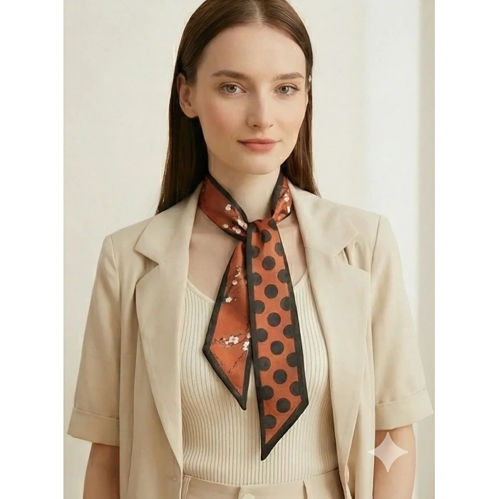 Kadın Siyah Çiçek Puantiye Modern Geometrik Desenli Fular– Ofis ve Günlük Stil – Şık Hediye Seçeneği