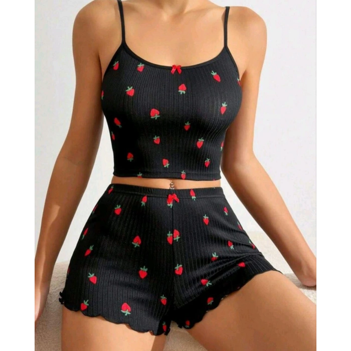 Kadın Siyah Çilek Desenli Seksi Gecelik Takım 5020