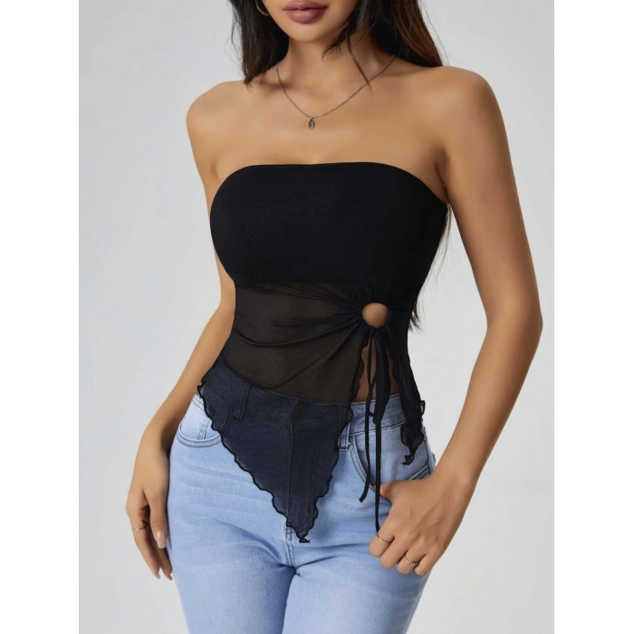 Kadın Siyah Crop Önden Halka Büzgü detaylı 5094