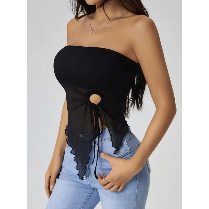 Kadın Siyah Crop Önden Halka Büzgü detaylı 5094