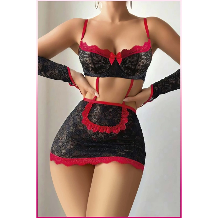 Kadın Siyah Dantel Etekli, Kol Bantlı, Göğüs Balenli  Fantazi Kostüm