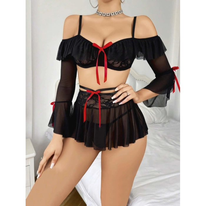 Kadın Siyah Etek Bustiyer Sexy Gecelik Takım 3831
