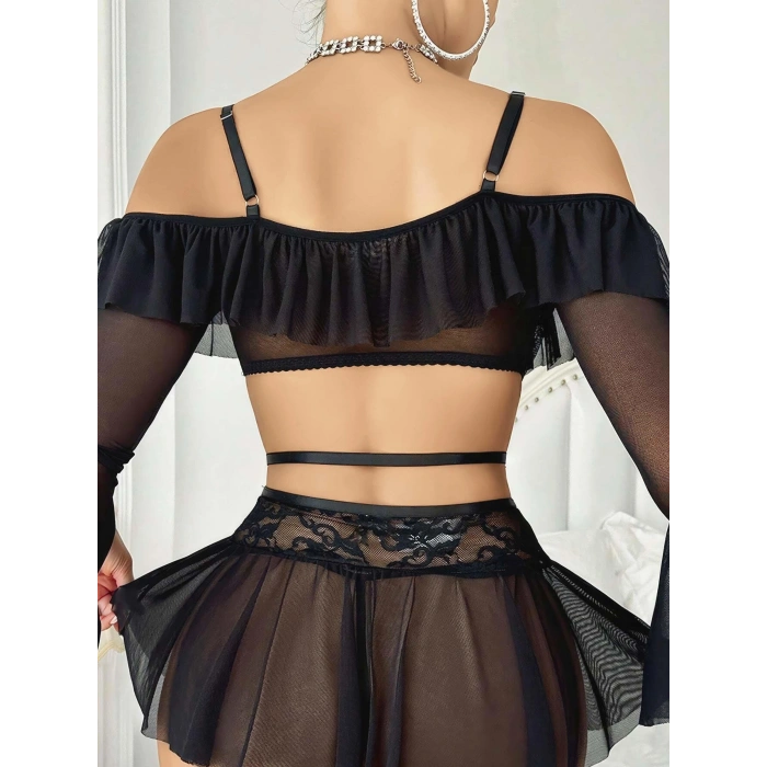 Kadın Siyah Etek Bustiyer Sexy Gecelik Takım 3831