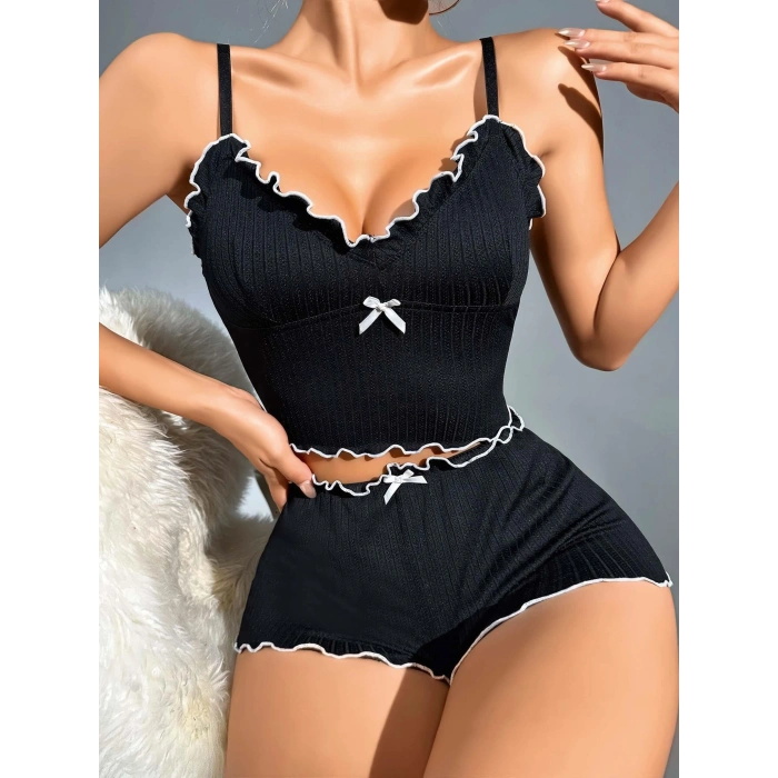 Kadın Siyah Fitilli Askılı Şortlu Pijama Takım 5042