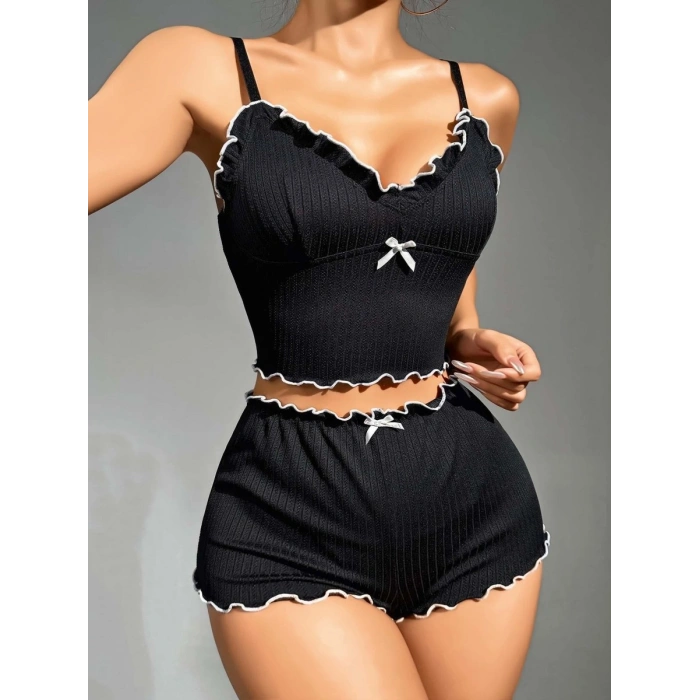 Kadın Siyah Fitilli Askılı Şortlu Pijama Takım 6659