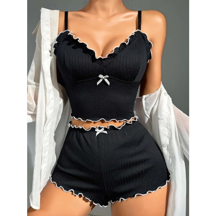 Kadın Siyah Fitilli Askılı Şortlu Pijama Takım 6659