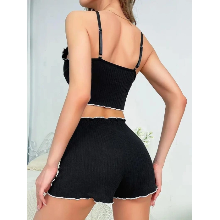 Kadın Siyah Fitilli Askılı Şortlu Pijama Takım 6659