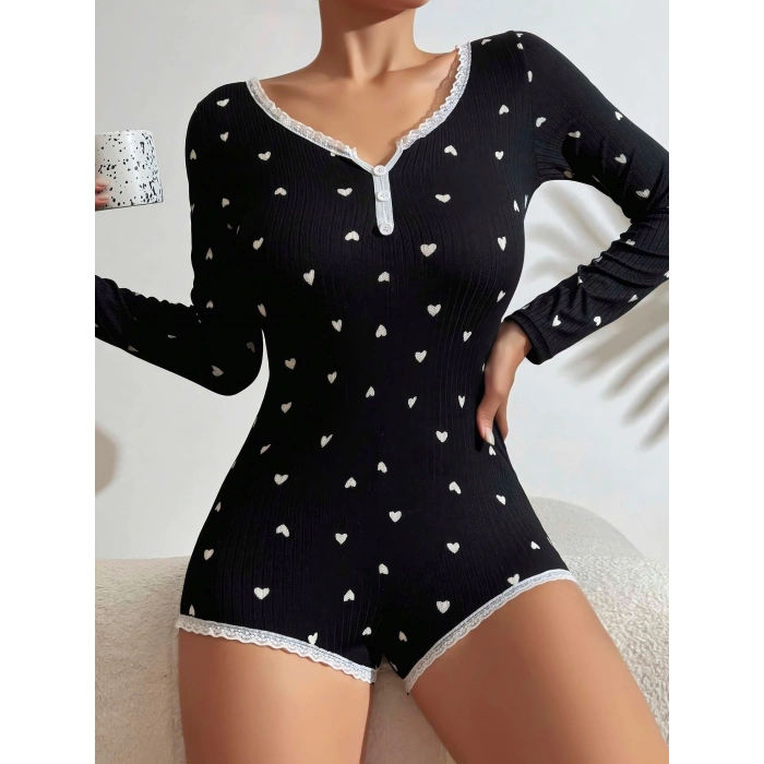 Kadın Siyah Kalp Desenli Pijama Tulumu 5122