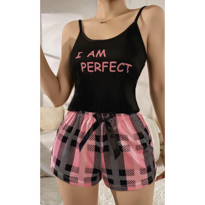 Kadın Siyah Kare Desenli Askılı Şortlu Pijama Takım 5012