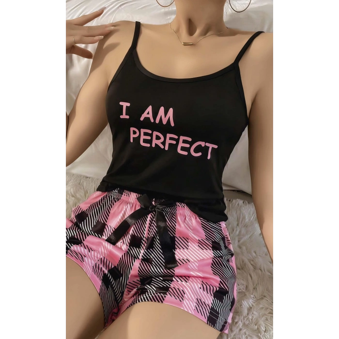 Kadın Siyah Kare Desenli Askılı Şortlu Pijama Takım 6652