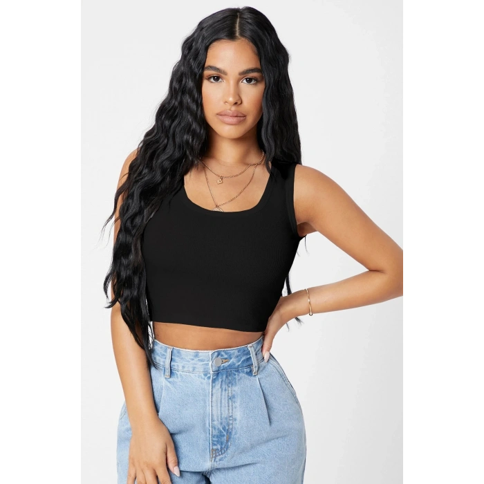Kadın Siyah Kare Yaka Crop Top Bluz