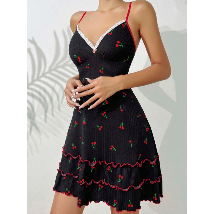 Kadın Siyah Kiraz Baskılı  Akılı Gecelik 5110