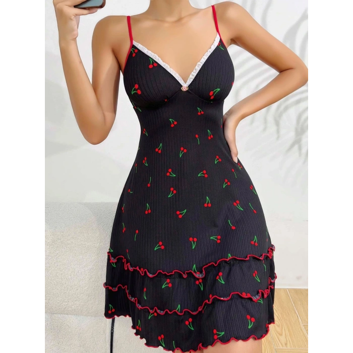 Kadın Siyah Kiraz Baskılı  Akılı Gecelik 5110