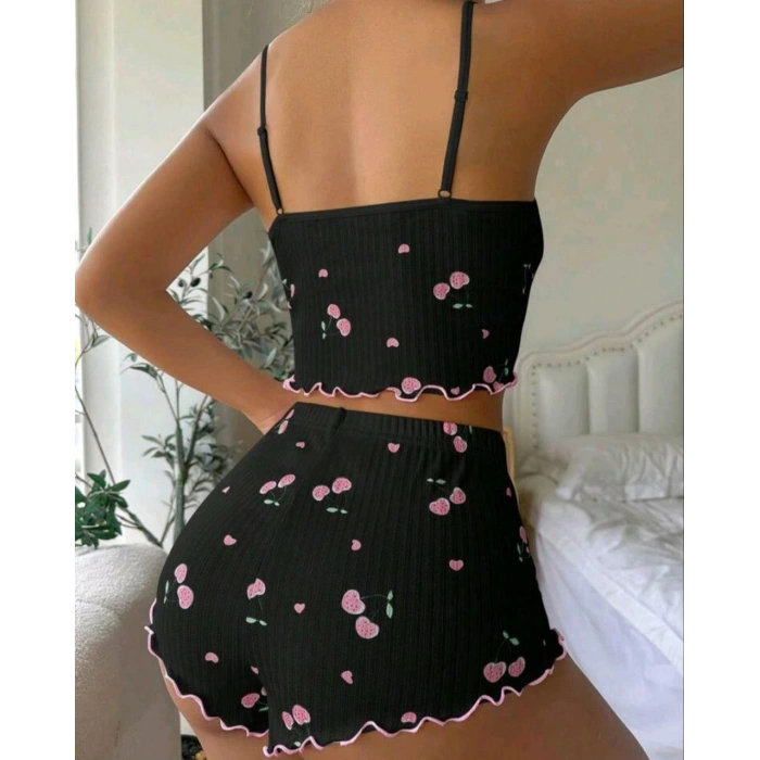 Kadın Siyah Kiraz Desenli Seksi Gecelik Takım 9003