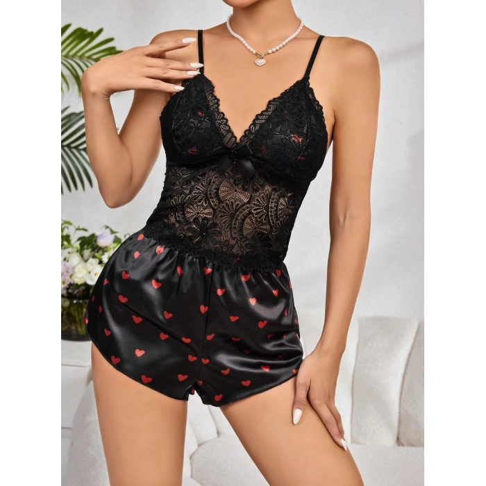 Kadın Siyah Kırmızı Kalp Desenli Saten Şort Pijama Takımı 2232