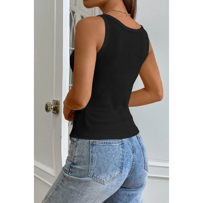 Kadın Siyah Kolsuz Kalın Askılı Uzun Crop Top Bluz & Atlet