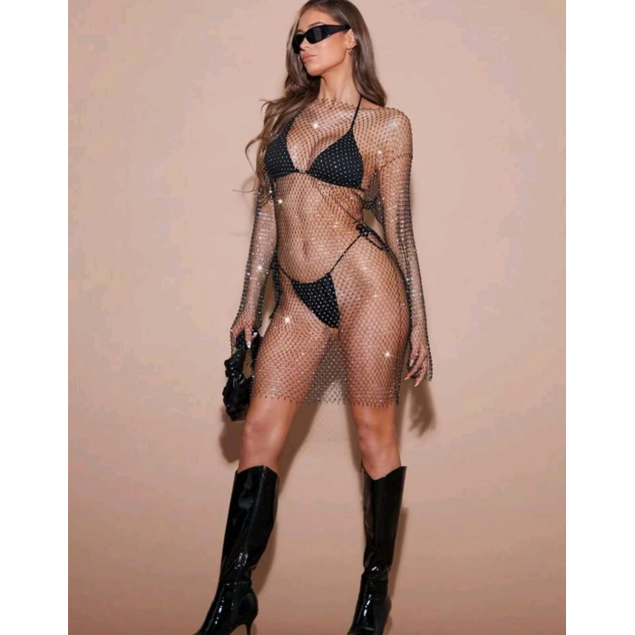 Kadın Siyah Kristal Taşlı File Kollu Kısa Elbise