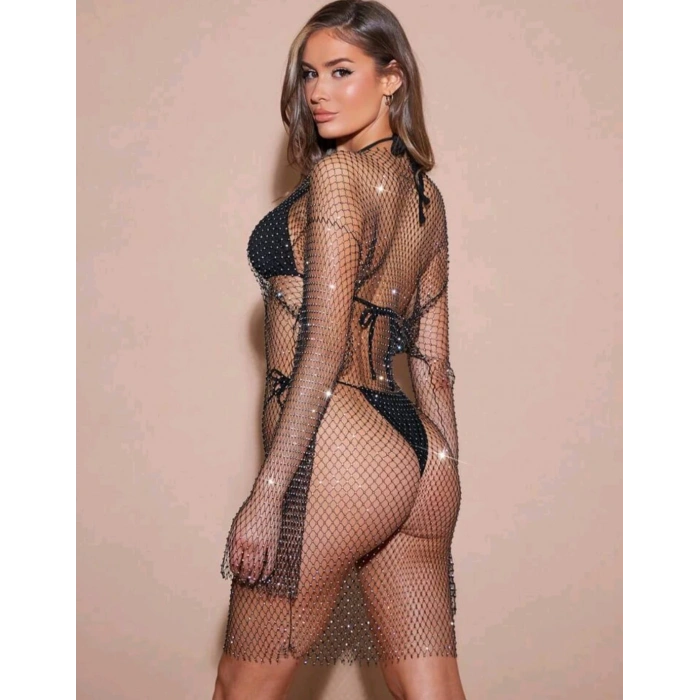 Kadın Siyah Kristal Taşlı File Kollu Kısa Elbise