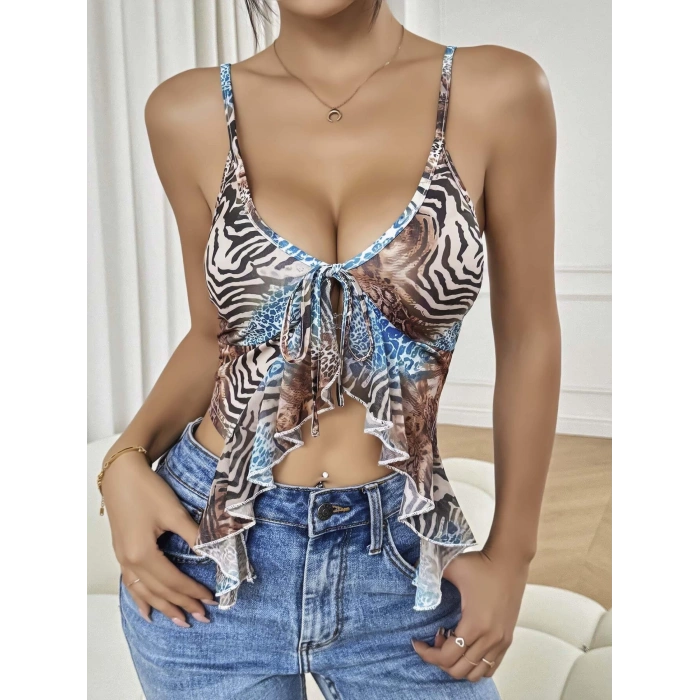 Kadın Siyah Leopar desenli Crop Askılı Önden Bağlama Fırfır detaylı 5091