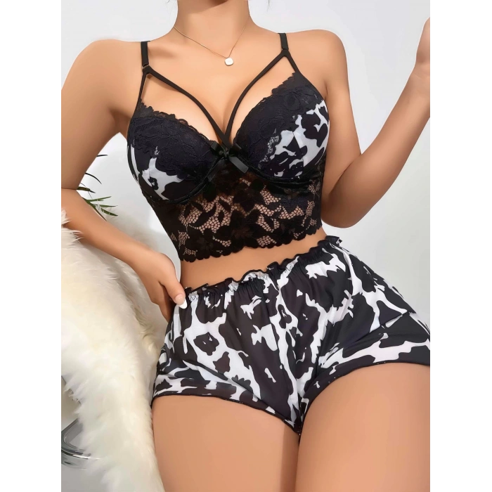 Kadın Siyah Leopar desenli Dantel detaylı Şortlu Gecelik Pijama Takımı 5055