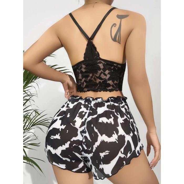 Kadın Siyah Leopar desenli Dantel detaylı Şortlu Gecelik Pijama Takımı 5055