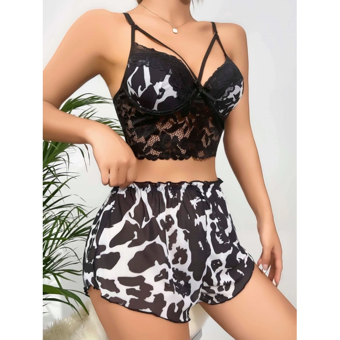 Kadın Siyah Leopar desenli Dantel detaylı Şortlu Gecelik Pijama Takımı 5055