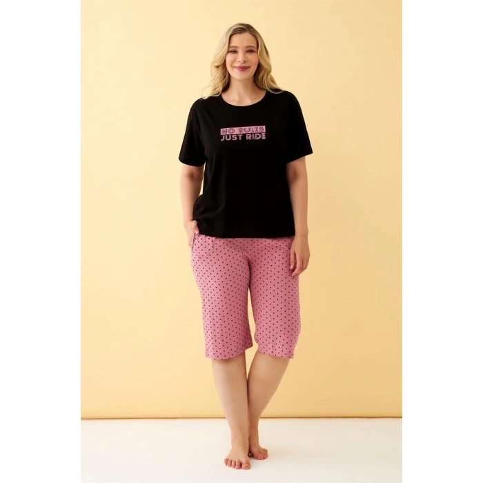 Kadın Siyah “No Rules Just Ride” Yazılı Büyük Beden Kapri Pijama Takımı