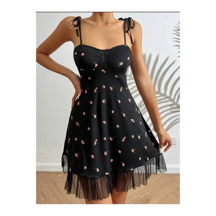 Kadın Siyah Pembe Gül Desenli Askılı Bağlamalı Dantel Detaylı Elbise 5072