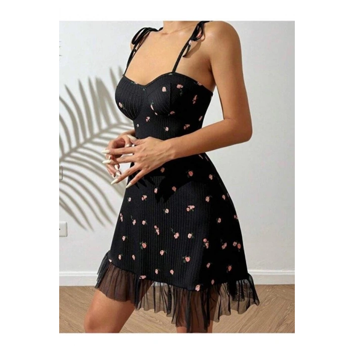 Kadın Siyah Pembe Gül Desenli Askılı Bağlamalı Dantel Detaylı Elbise 5072