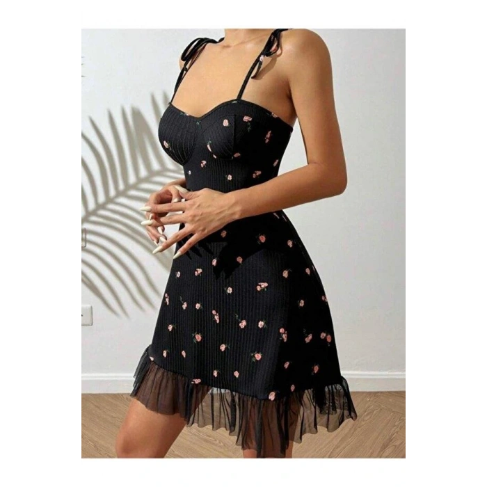 Kadın Siyah Pembe Gül Desenli Askılı Bağlamalı Dantel Detaylı Elbise 5072