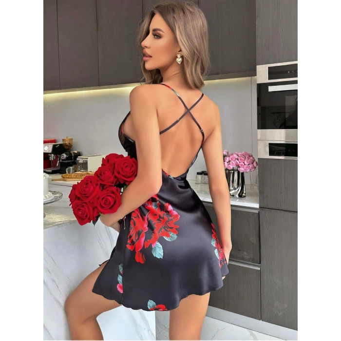 Kadın Siyah Saten Askılı Dantel Detaylı gül çicek baskılı Gecelik 2221