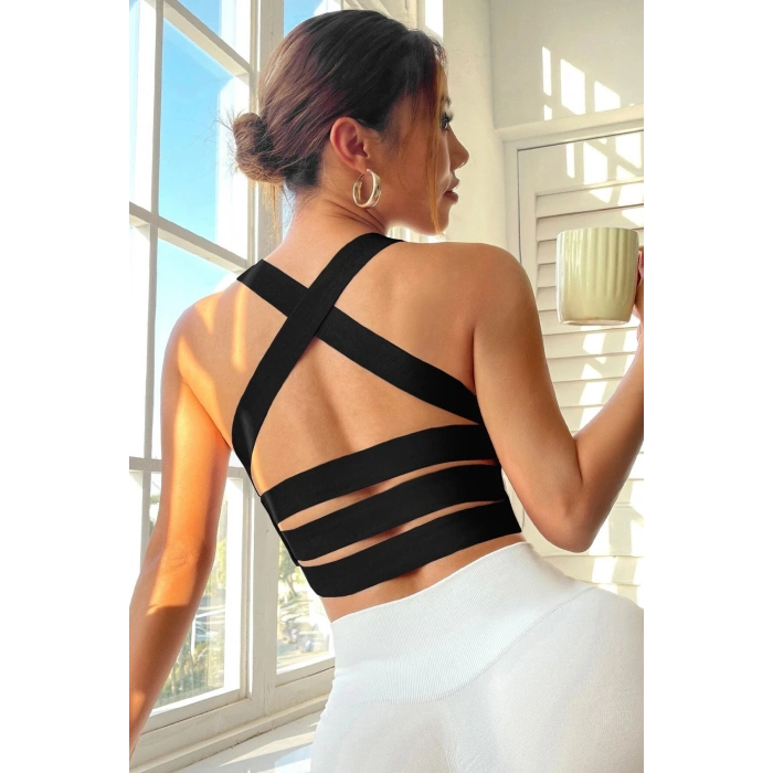 Kadın Siyah Sırtı Çapraz Lastik Detaylı Crop Top Bluz