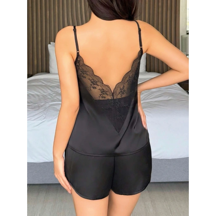 Kadın Siyah  Şort Askılı Dantel Üst Pijama Takımı 2233