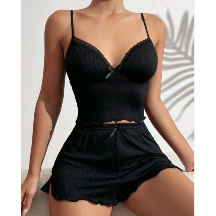 kadın siyah şortlu gecelik takım 2141