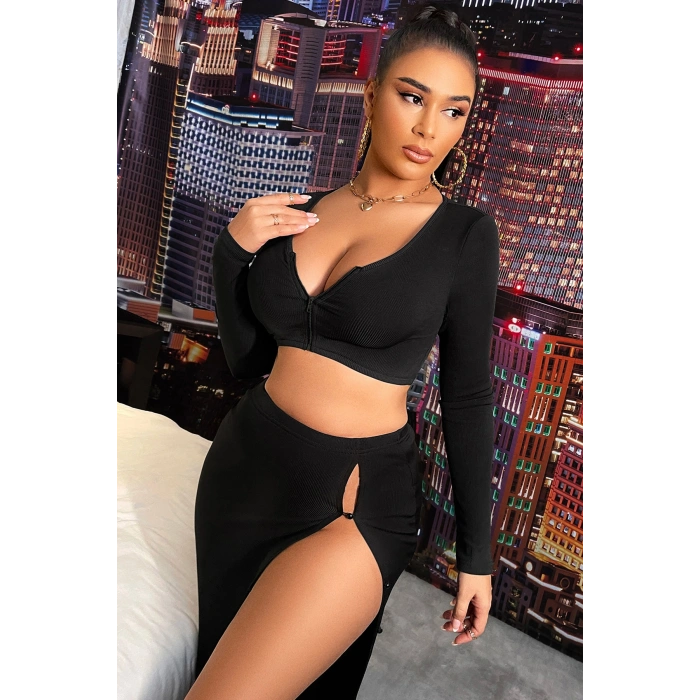 Kadın Siyah Uzun Kol Göğüs Ve Göbek Dekolteli Fermuarlı Crop Top Bluz