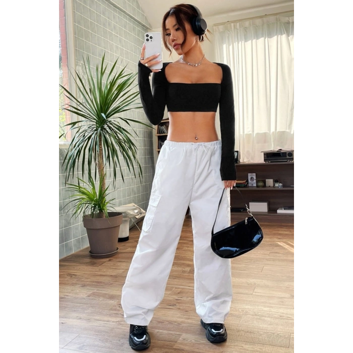 Kadın Siyah Uzun Kol Göğüs Ve Sırt Dekolteli Crop Top Bluz