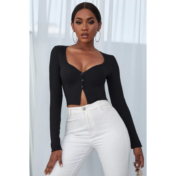 Kadın Siyah Uzun Kollu Düğmeli Göğüs Ve Göbek Dekolteli Crop Top Bluz