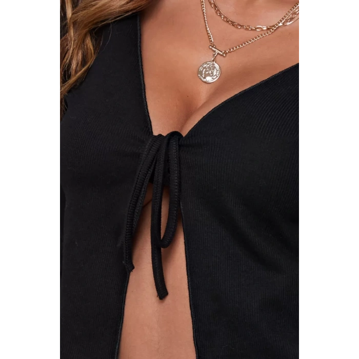 Kadın Siyah Uzun Kollu Önden Bağlama Detaylı Crop Top Bluz