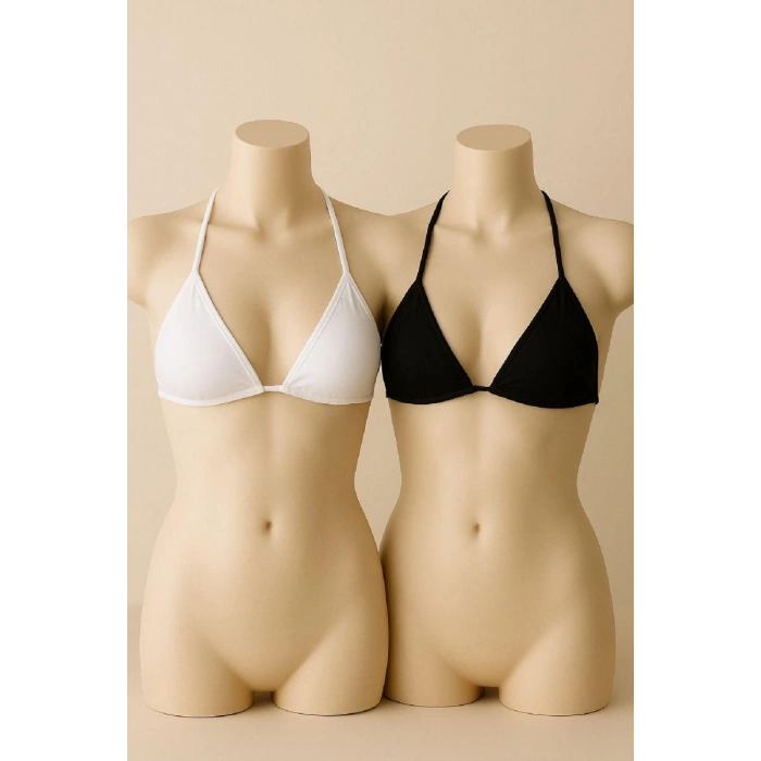 Kadın Siyah Ve Beyaz Minimal Kesim Üçgen Bikini Üstü