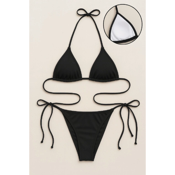 Kadın Siyah Yandan Ve Boyundan Bağlamalı Bikini Mayo Takımı