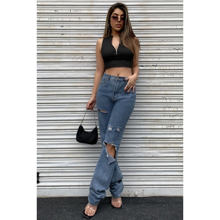 Kadın Siyah Yarım Fermuarlı Sıfır Kol Crop Top Bluz
