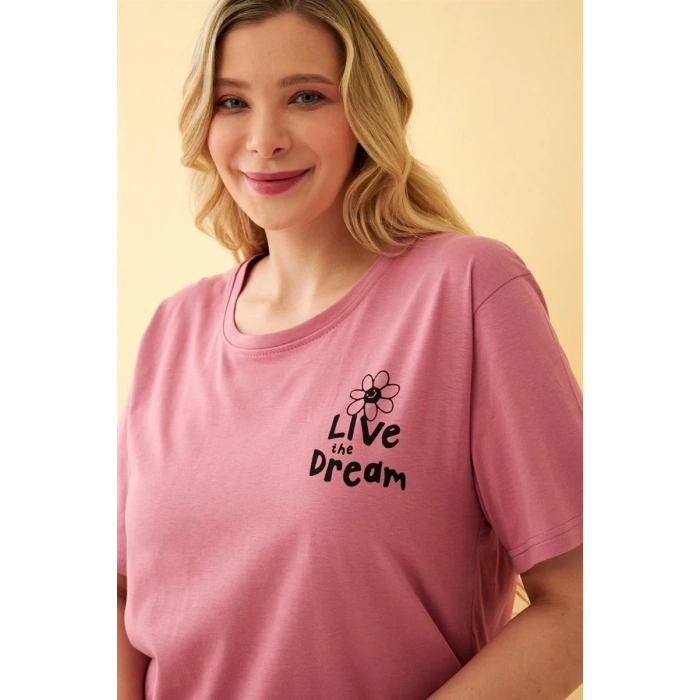 Kadın Somon “Live the Dream” Yazılı Büyük Beden Kapri Pijama Takımı