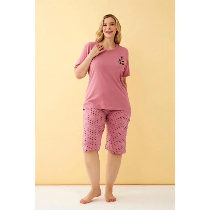 Kadın Somon “Live the Dream” Yazılı Büyük Beden Kapri Pijama Takımı