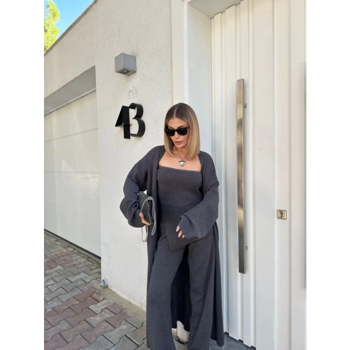 Kadın Triko 3 Parça Takım Straplez Üst Pantolon Uzun Hırka - Füme