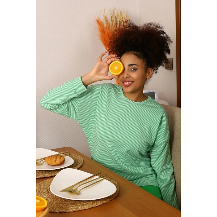 Kadın Uzun Kol 3 İplik Penye Pijama Takım Yeşil