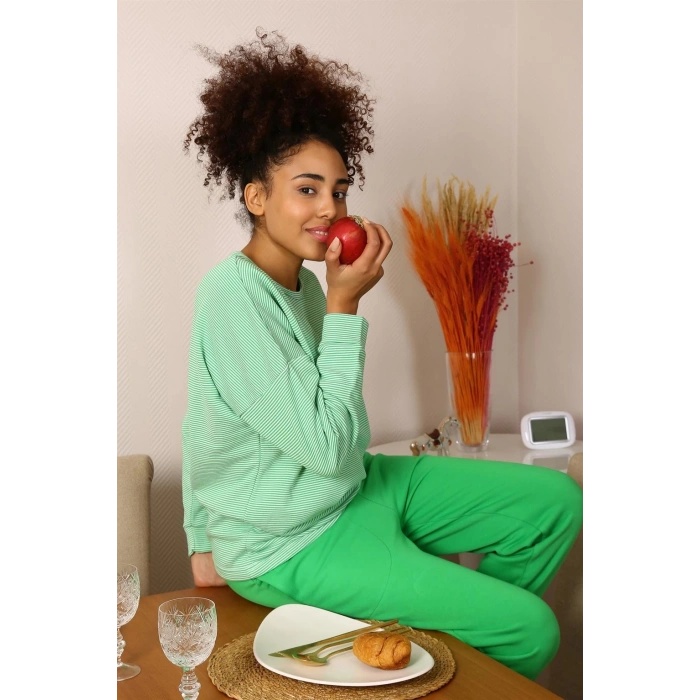 Kadın Uzun Kol 3 İplik Penye Pijama Takım Yeşil