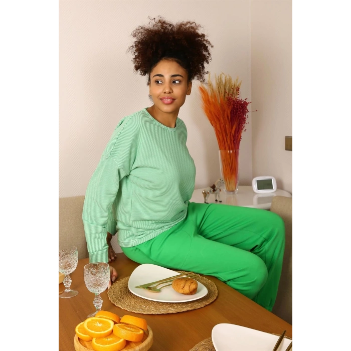 Kadın Uzun Kol 3 İplik Penye Pijama Takım Yeşil