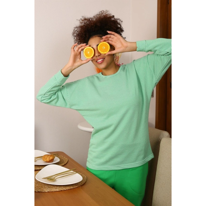 Kadın Uzun Kol 3 İplik Penye Pijama Takım Yeşil