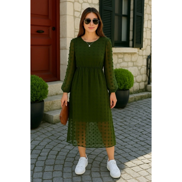 Kadın Uzun Kollu Astar Detay Fırsat ürün Ponpon şifon Elbise