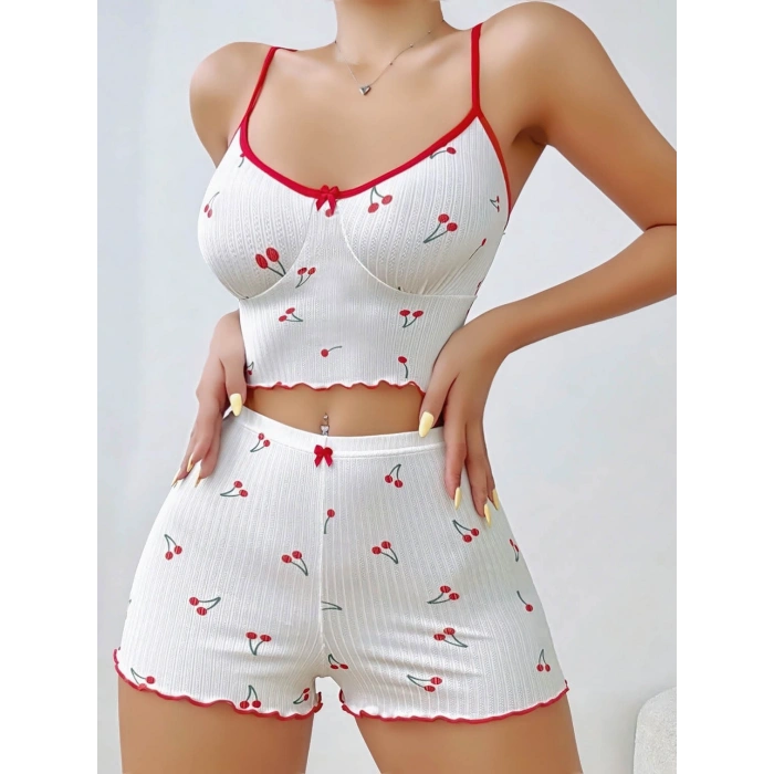 Kadın Vişne Desenli Dantel Askılı Şortlu Pijama Takımı 5193